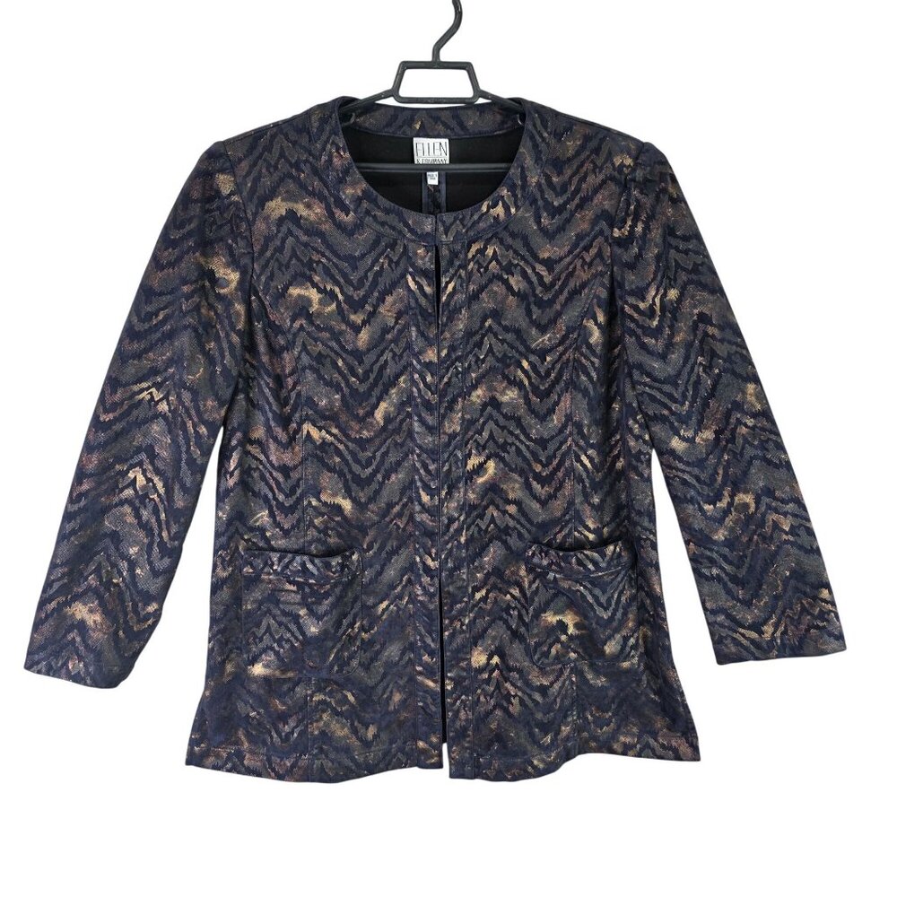 Womens Ellen & Company Longline Open Front Jacket Navy & Gold Chevron Pattern XL
